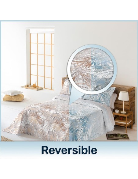 Colcha Bouti Reversible ALMERE | Estampado Tropical Azul o Marrón | Deslan Internacional