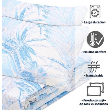 Colcha Bouti Reversible ALMERE | Estampado Tropical Azul o Marrón | Deslan Internacional 2