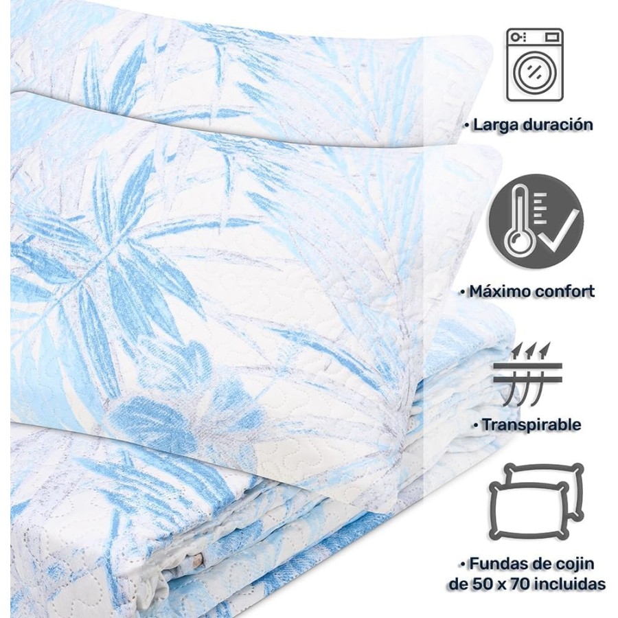 Colcha Bouti Reversible ALMERE | Estampado Tropical Azul o Marrón | Deslan Internacional