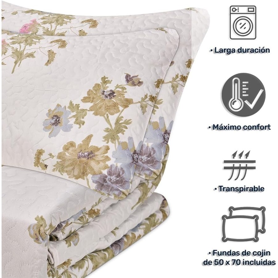 Colcha Bouti Reversible DALIA | Floral Cosida | Deslan Internacional