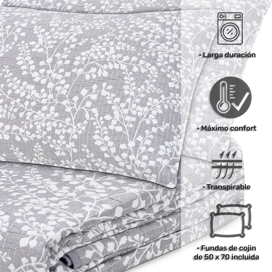 Colcha Bouti Reversible FLORI | Diseño Floral Cosido Perla | Deslan Internacional