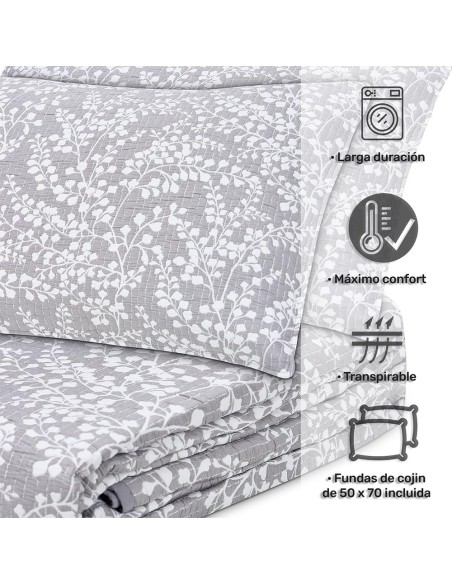 Colcha Bouti Reversible FLORI | Diseño Floral Cosido Perla | Deslan Internacional