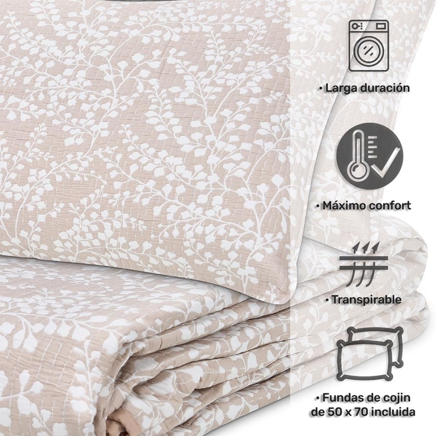 Colcha Bouti Reversible FLORI | Diseño Floral Cosido Lino | Deslan Internacional