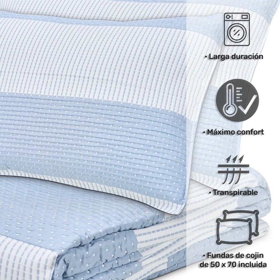 Colcha Bouti Reversible BOREAL | Rayas Cosidas Azul y Blanco | Deslan Internacional