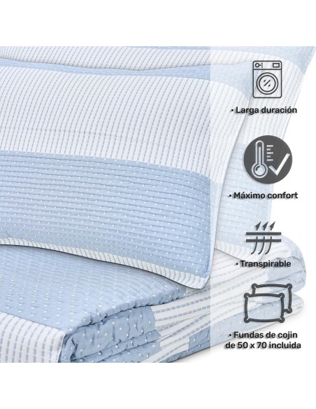 Colcha Bouti Reversible BOREAL | Rayas Cosidas Azul y Blanco | Deslan Internacional