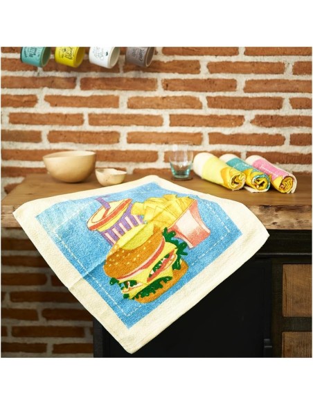 Pack 4 Paños Cocina Hamburguesas 100% Algodón 50x50 cm | Multicolor | Deslan Internacional