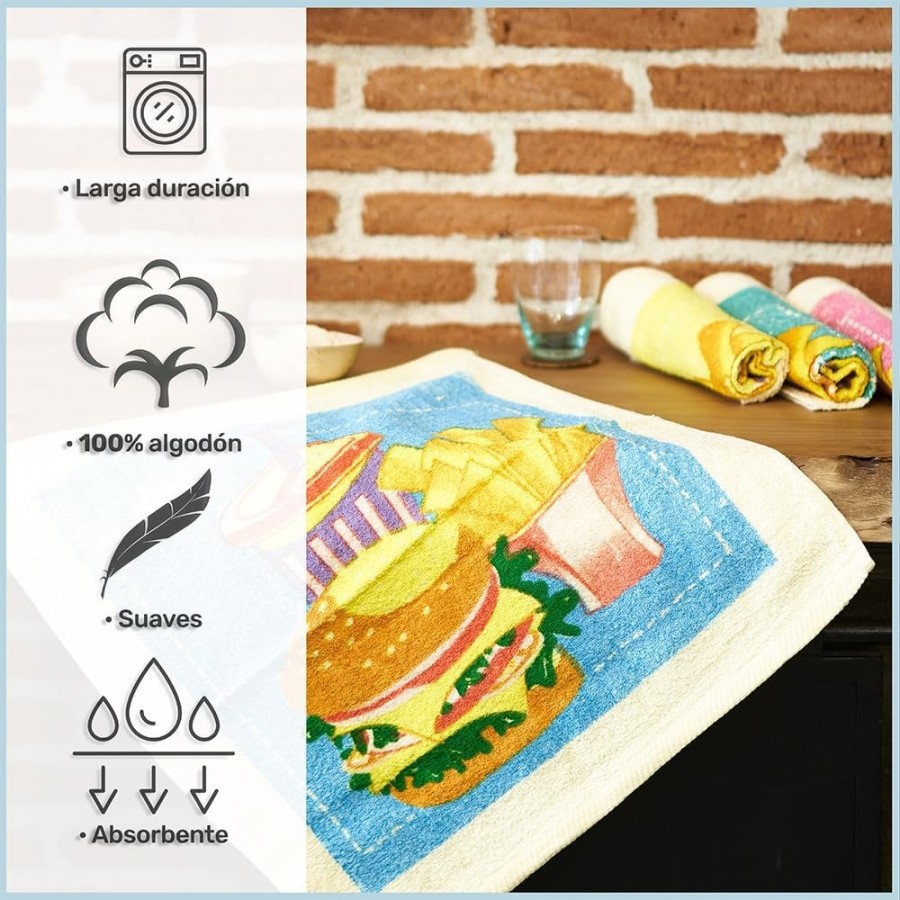 Pack 4 Paños Cocina Hamburguesas 100% Algodón 50x50 cm | Multicolor | Deslan Internacional