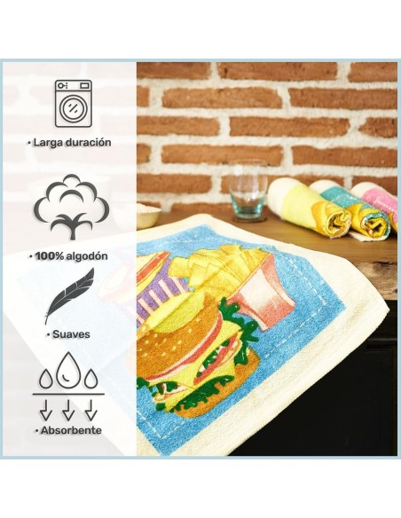 Pack 4 Paños Cocina Hamburguesas 100% Algodón 50x50 cm | Multicolor | Deslan Internacional