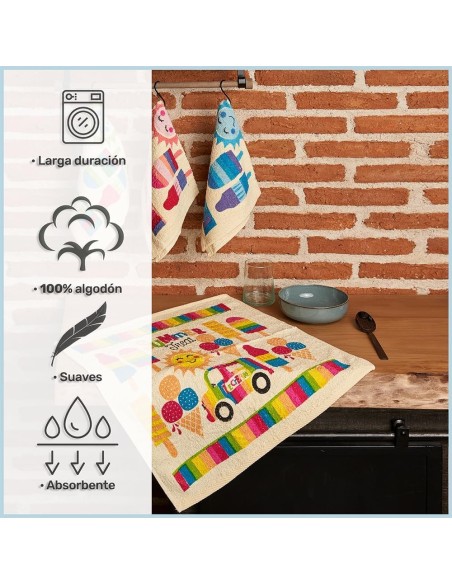 Pack 4 Paños Cocina Summer 100% Algodón 50x50 cm | Multicolor | Deslan Internacional