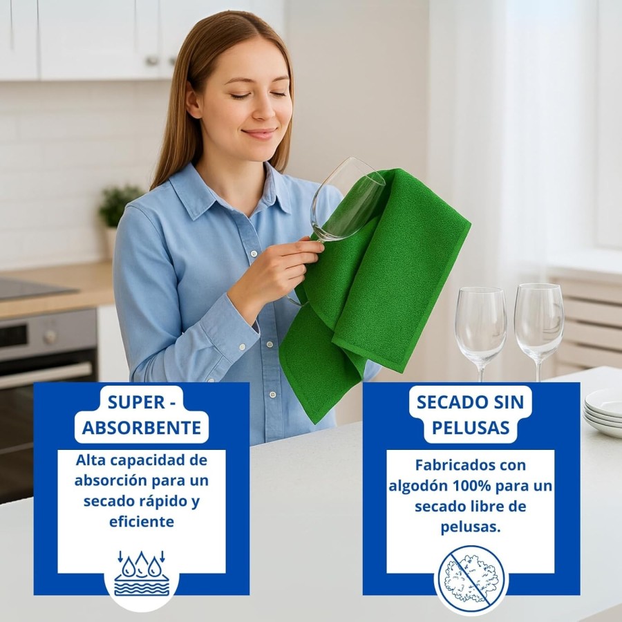 Pack 6 Paños Cocina Lisos 400 GSM 100% Algodón 50x50 cm | Multicolor | Deslan Internacional